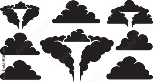 Collection of black cloud and smoke silhouettes on white
