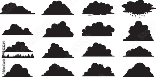 Collection of various black cloud silhouettes on white background