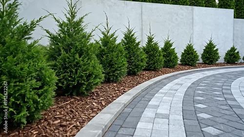 Curving paved pathway bordered by manicured evergreen shrubs and mulch