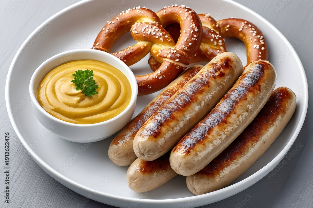 Fototapeta premium Grilled bratwurst sausages with pretzels and mustard dip