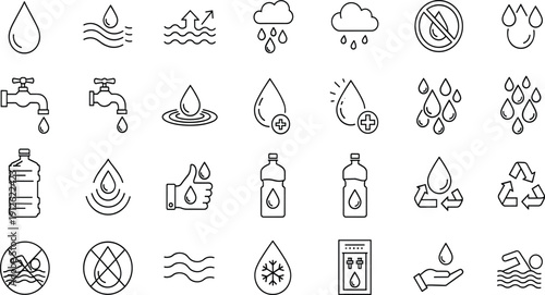 Vector collection of black outline water icons featuring drops, waves, rain, taps, bottles for ecology, plumbing, and environmental design projects.