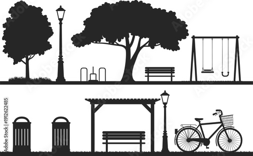Black and white silhouette of park including trees swings benches and bicycle