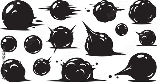 Black ink splatters and blobs on white background illustration