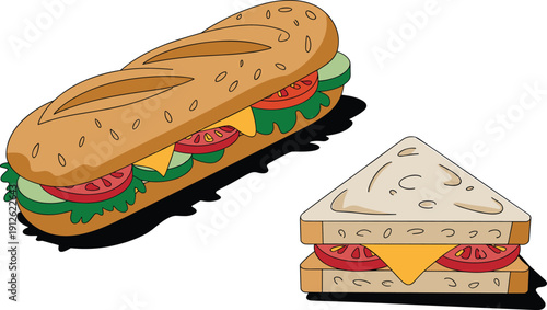 Fresh sandwich and baguette illustration with cheese, tomato, and lettuce isolated on white background for fast food menu, bakery branding, lunch concept, and delicious snack design