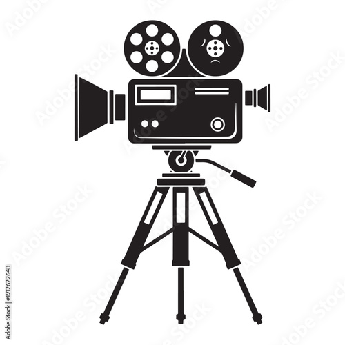 Vintage movie camera on a tripod, black silhouette, film production