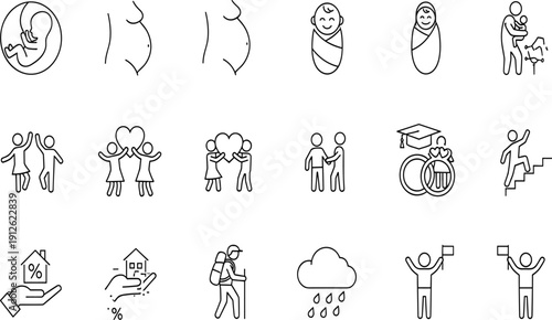 Vector line icon set depicting life stages, pregnancy, family, love, career success, mortgage finance, hiking, and personal achievement milestones.