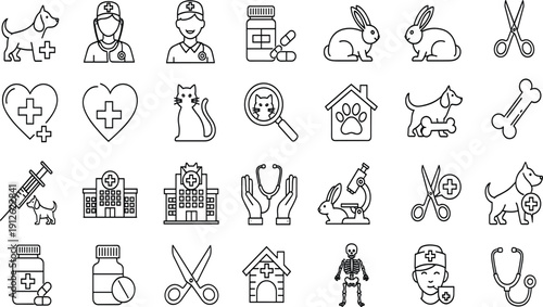 Vector collection of veterinary icons featuring dogs, cats, rabbits, doctors, and medical tools for animal healthcare and pet clinic projects.