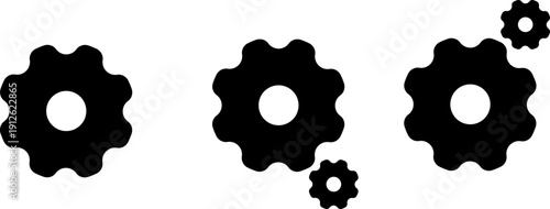 Three black gear icons with smaller gears attached representing settings engineering and mechanics