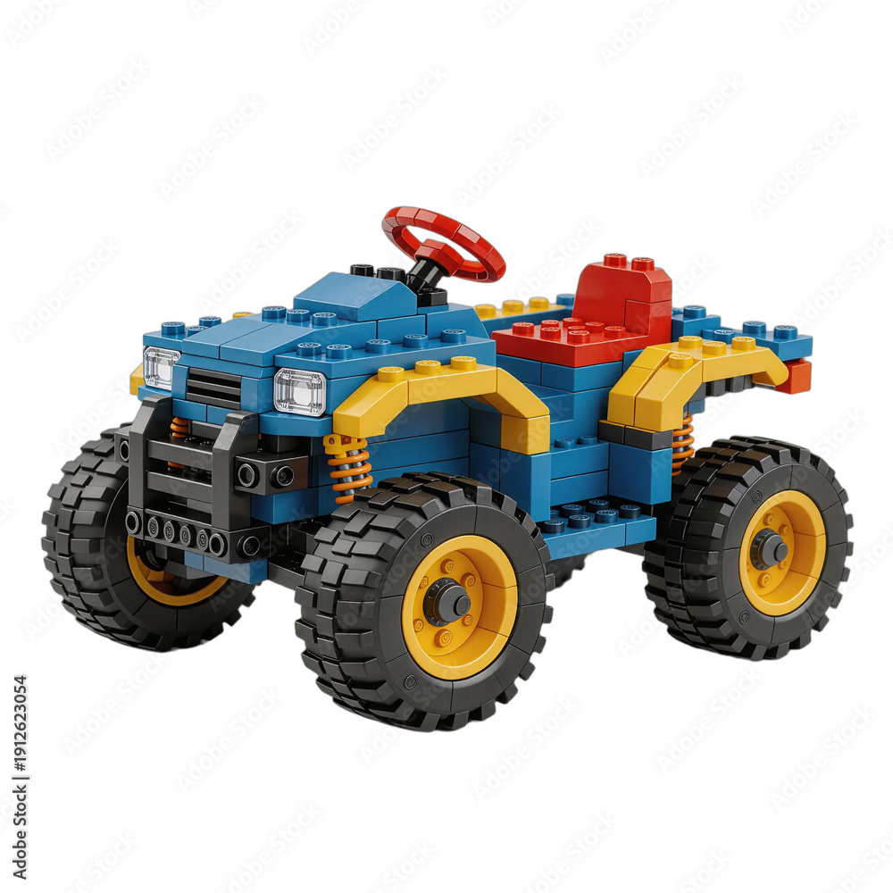 Fototapeta premium Blue and Yellow Toy Quad Bike Made of Building Blocks