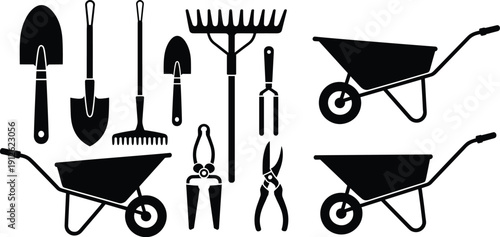 Black silhouettes of gardening tools and wheelbarrows on white background shovels rakes 1 pruning shears