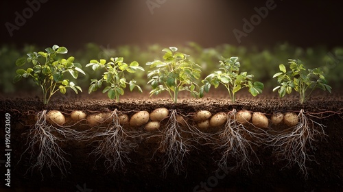 Potato plants growing underground with visible roots and tubers in rich soil.