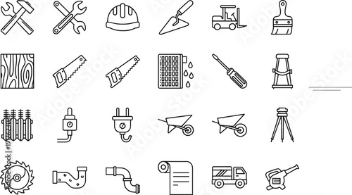 Vector line icon set for construction, home repair, renovation, tools, hardware, and building, including hammer, saw, helmet, and plumbing symbols.