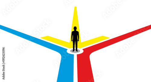 Man at the Crossroads of Choice. Decision-making concept with three divergent paths (red, blue, yellow) illustrating career direction, opportunity, and strategy.