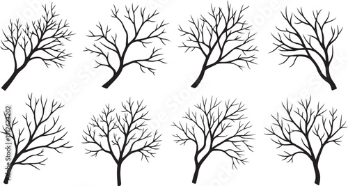 Set of bare tree silhouettes on white background illustration