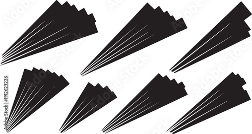 Black paper airplanes on white background in flight mode