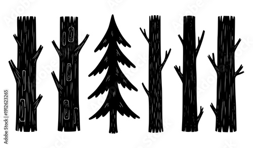 Hand Carved Linocut Tree Symbols Black White Nordic Forest Vector