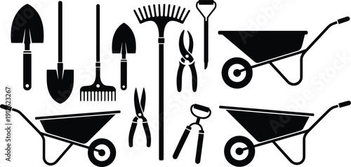 Black silhouettes of gardening tools and wheelbarrows on white shovels rakes pruning shears