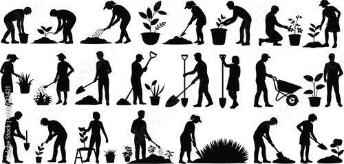 Black silhouettes of people gardening and planting shovels