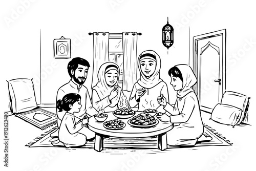 Muslim family enjoying traditional meal together at home