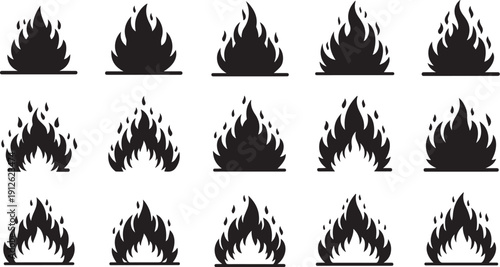 Collection of black fire icons on white background
