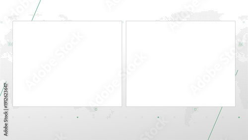Two box split screen for news, interviews, live broadcast, tv shows, live streaming. Alpha channel transparent cut, 4K, world map background with green elements, simplicity and minimalism design.