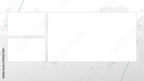 Three box split screen for news, interviews, live broadcast, tv shows, live streaming. Alpha channel transparent cut, 4K, world map background with green elements, simplicity and minimalism design.
