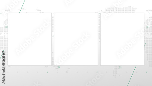 Three box split screen for news, interviews, live broadcast, tv shows, live streaming. Alpha channel transparent cut, 4K, world map background with green elements, simplicity and minimalism design.