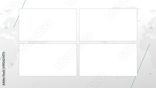 Four box split screen for news, interviews, live broadcast, tv shows, live streaming. Alpha channel transparent cut, 4K, world map background with green elements, simplicity and minimalism design.