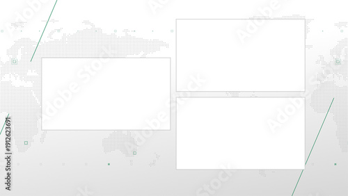 Three box split screen for news, interviews, live broadcast, tv shows, live streaming. Alpha channel transparent cut, 4K, world map background with green elements, simplicity and minimalism design.