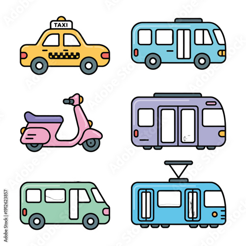 Transportation Icons: A vibrant assortment of transport vehicles in a colorful, eye-catching arrangement, perfect for travel-themed projects.