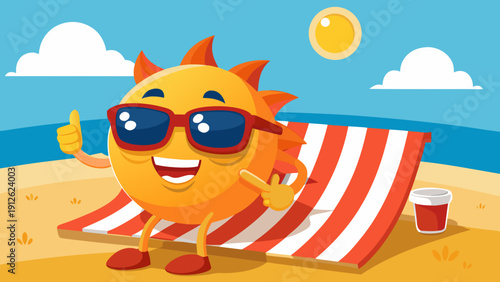 A cheerful, smiling sun character with sunglasses sitting on a red-and-white striped beach towel on a sandy beach with a drink
