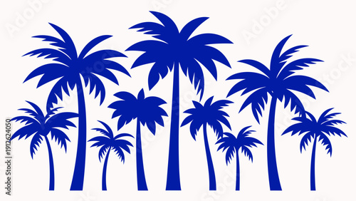 A vibrant blue silhouette of various palm trees in a minimalist vector illustration design