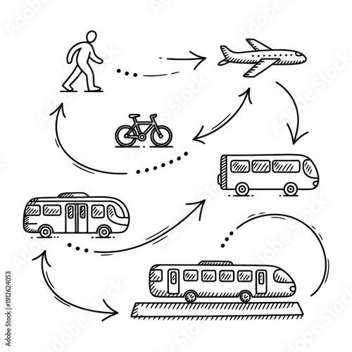 Transportation Illustration: A sketch illustrating different modes of transportation, from walking to air travel, showcasing a diverse journey.
