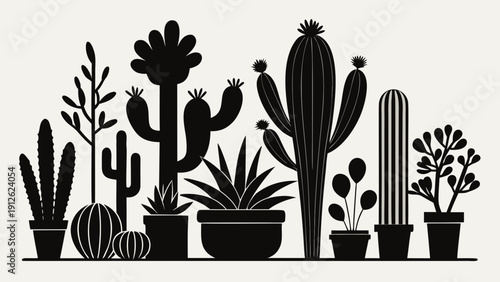 A minimalist black-and-white vector illustration featuring a variety of cacti and succulent plants in pots with a flat design style