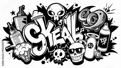 A bold graffiti-style vector illustration featuring the word 'STEAL' with spray paint cans and skulls