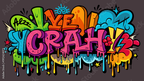 Colorful graffiti-style vector illustration with the words 'yea' and 'yeah' in bold vibrant letters surrounded by splashes of paint and dynamic elements.