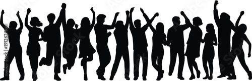 Silhouette of happy crowd of people jumping and dancing together celebrating success, freedom, unity and joy isolated on white background party lifestyle concept