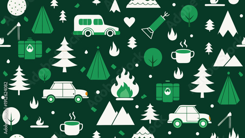 A vibrant green and white vector illustration featuring camping elements such as tents, cars, trees, coffee cups, and mountains in a flat minimalist design style