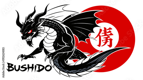 A detailed vector illustration featuring a stylized black dragon with red eyes on a red and white background with Japanese kanji and the word Bushido
