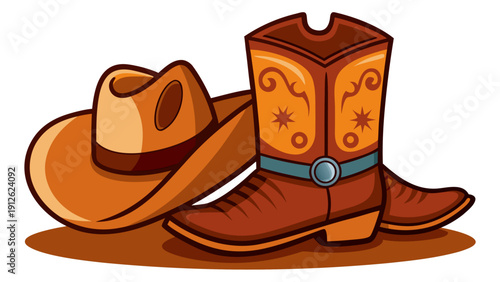 A cartoon illustration of a cowboy hat and boots with detailed design and textures