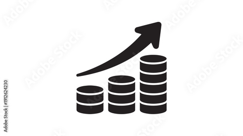 Stacked coins with upward arrow in simple flat design with black and white color scheme for financial growth illustration