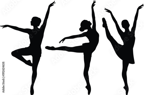 Silhouette ballet dancers performing elegant poses with raised arms and extended legs expressing grace, balance, flexibility and artistic dance movement isolated on white background