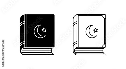 Vector black silhouette and outline icon of a holy book with a crescent moon and star symbol, isolated on transparent background for Islamic religious concepts.
