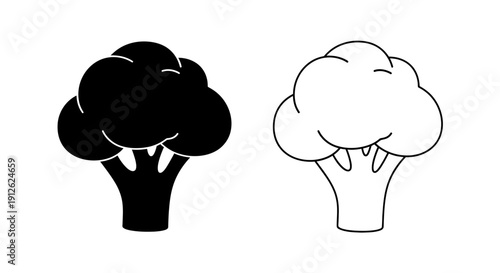 Minimalist vector broccoli icon set featuring solid black and outline versions, isolated on a transparent background for healthy food branding or UI design.