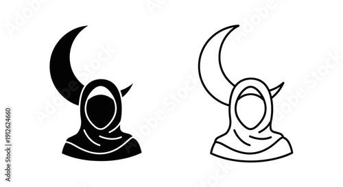 Vector illustration of a Muslim woman wearing a hijab with a crescent moon behind her, presented in both solid black and outline styles, isolated on a transparent background.