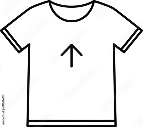 A simple line drawing of a short-sleeved t-shirt with an upward arrow on the front.