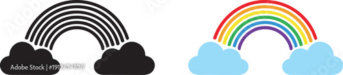 Colorful rainbow and black silhouette icons with clouds on a white background