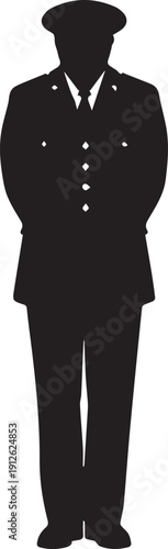Man in police uniform standing in attention pose. black and white vector silhouette line art