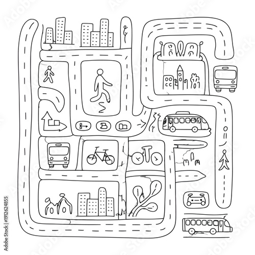 City Map Sketch: A stylized, hand-drawn map of a bustling city, intricately depicting roads, vehicles, buildings, and pedestrian activities, with a playful charm.