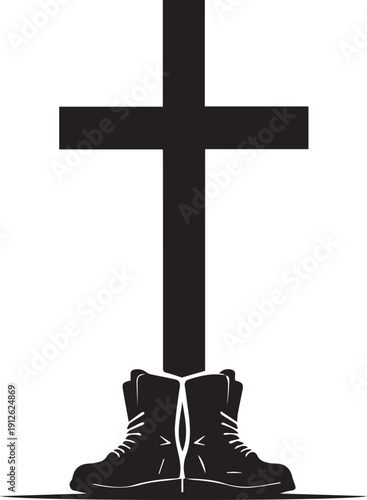 Memorial cross silhouette vector illustration with military combat boots for fallen heroes
